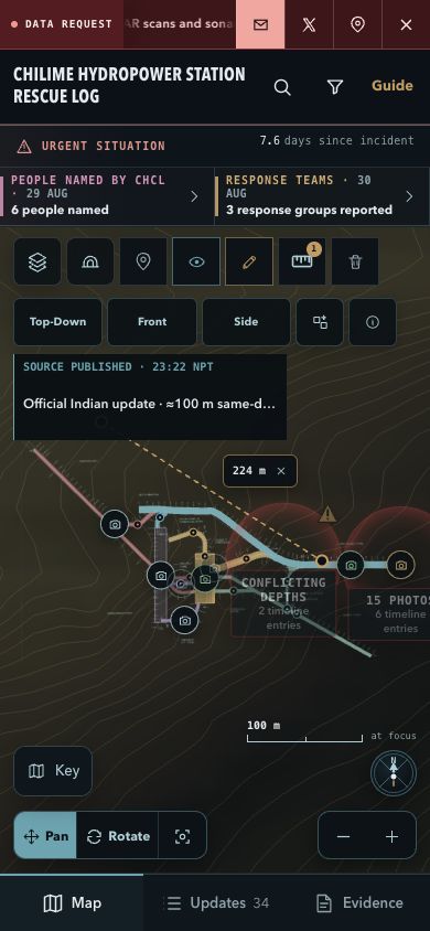 Mobile map overview with toolbar, view controls, map, and bottom navigation