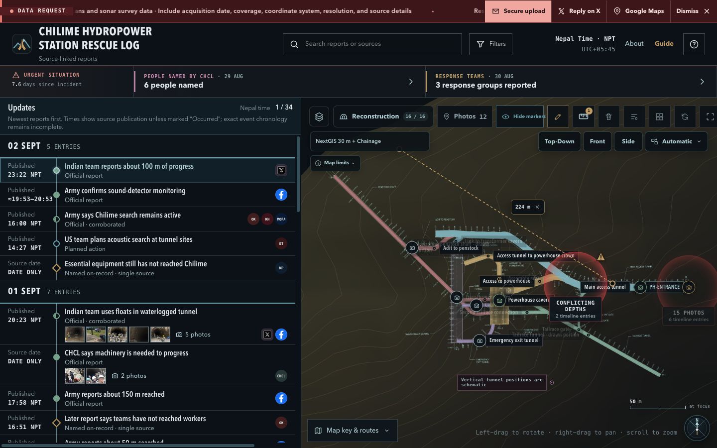 Desktop rescue log showing the report timeline, map reconstruction, and selected evidence panel