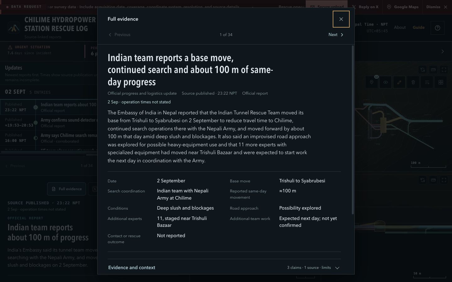 Desktop full evidence dialog showing report details, sources, and uncertainty
